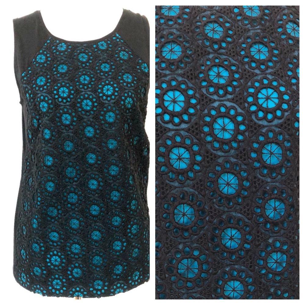 NWT Ann Taylor Black & Teal Crochet Front Tank